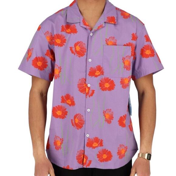 OBEY Button Up Short Sleeve Shirt Size XL Camicia Marino Lavender Poppies NWT - Picture 1 of 9